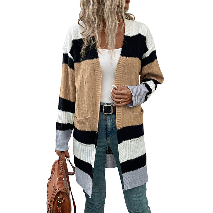 Damen Langer Gestreifter Strickcardigan mit aufgesetzten Taschen und offener Front Drune