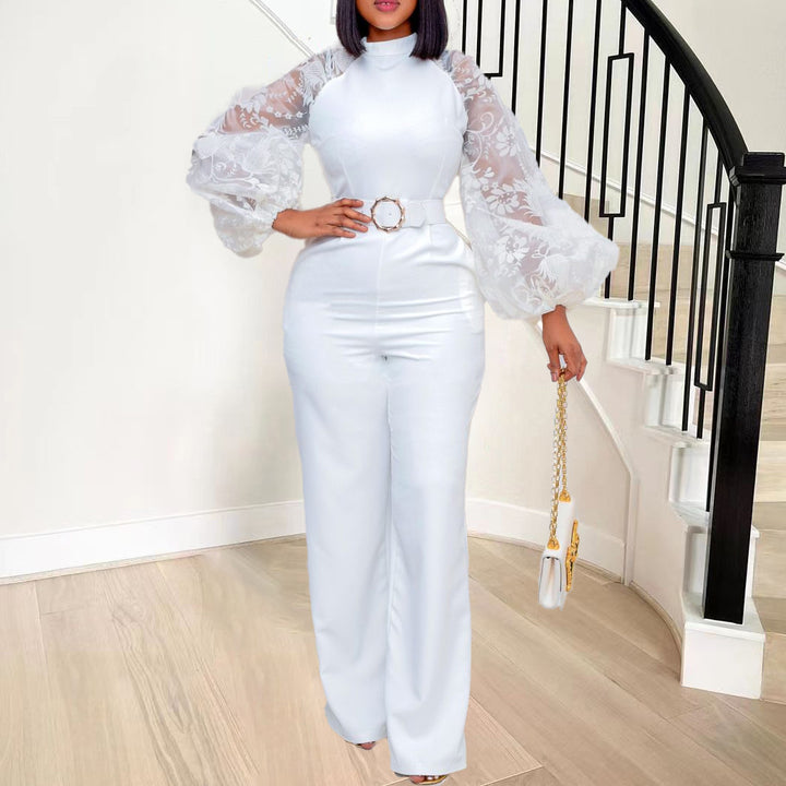 Damen Jumpsuit mit eleganten Puffärmeln und Taillengürtel Drune