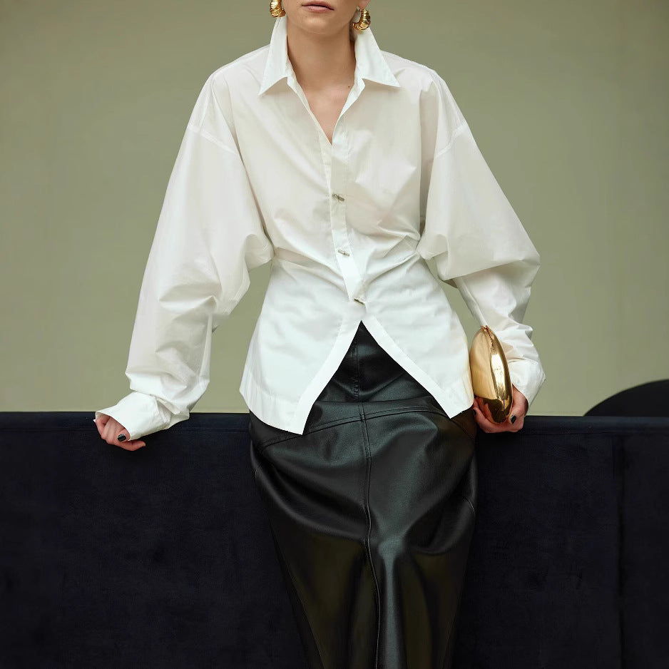 Damen Oversize-Bluse mit Ballonärmeln und taillierter V‑Schlitz-Form Drune