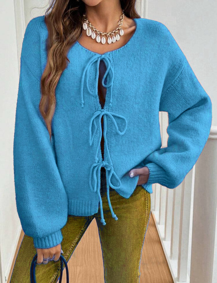 Damen Kurzcardigan mit Bindebändern, Oversize‑Silhouette und Ballonärmeln Drune