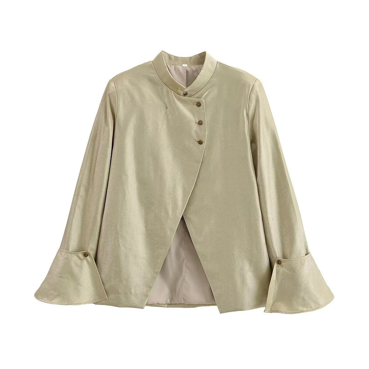 Damen Glänzende A-Linien-Jacke mit asymmetrischer Knopfleiste und Glockenärmeln Drune