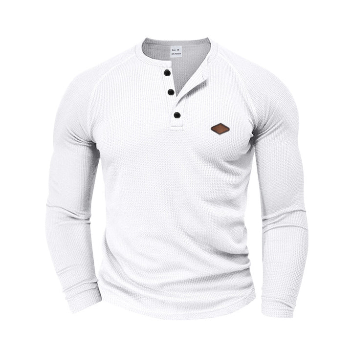 Herren nan strukturiertes Waffel-Henleyshirt mit kurzer Knopfleiste Raglanärmeln und Lederpatch Drune
