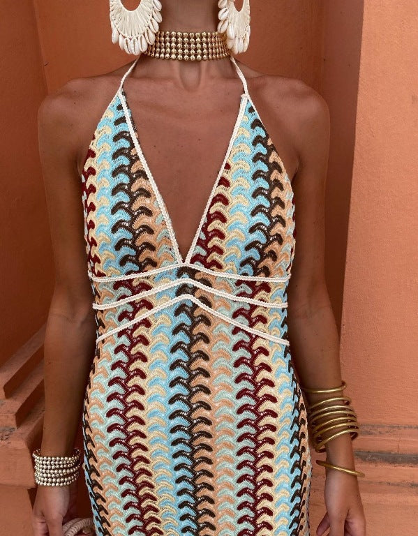 Damen Maxikleid mit tiefem V-Ausschnitt und raffinierten Häkel-Details Drune