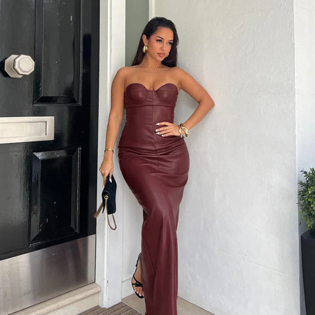 Damen figurbetontes Kunstlederkleid mit herzförmigem Ausschnitt und elegantem Schnitt Drune