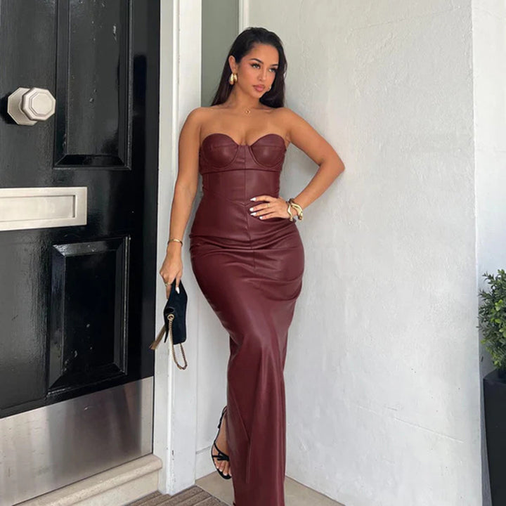 Damen figurbetontes Kunstlederkleid mit herzförmigem Ausschnitt und elegantem Schnitt Drune