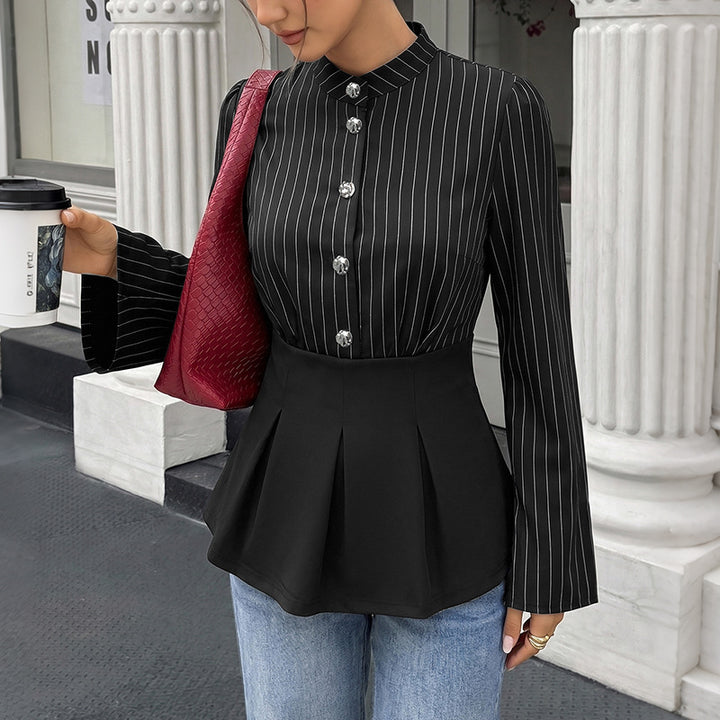 Damen Modische Bluse mit Stehkragen und Plisseedetail Drune