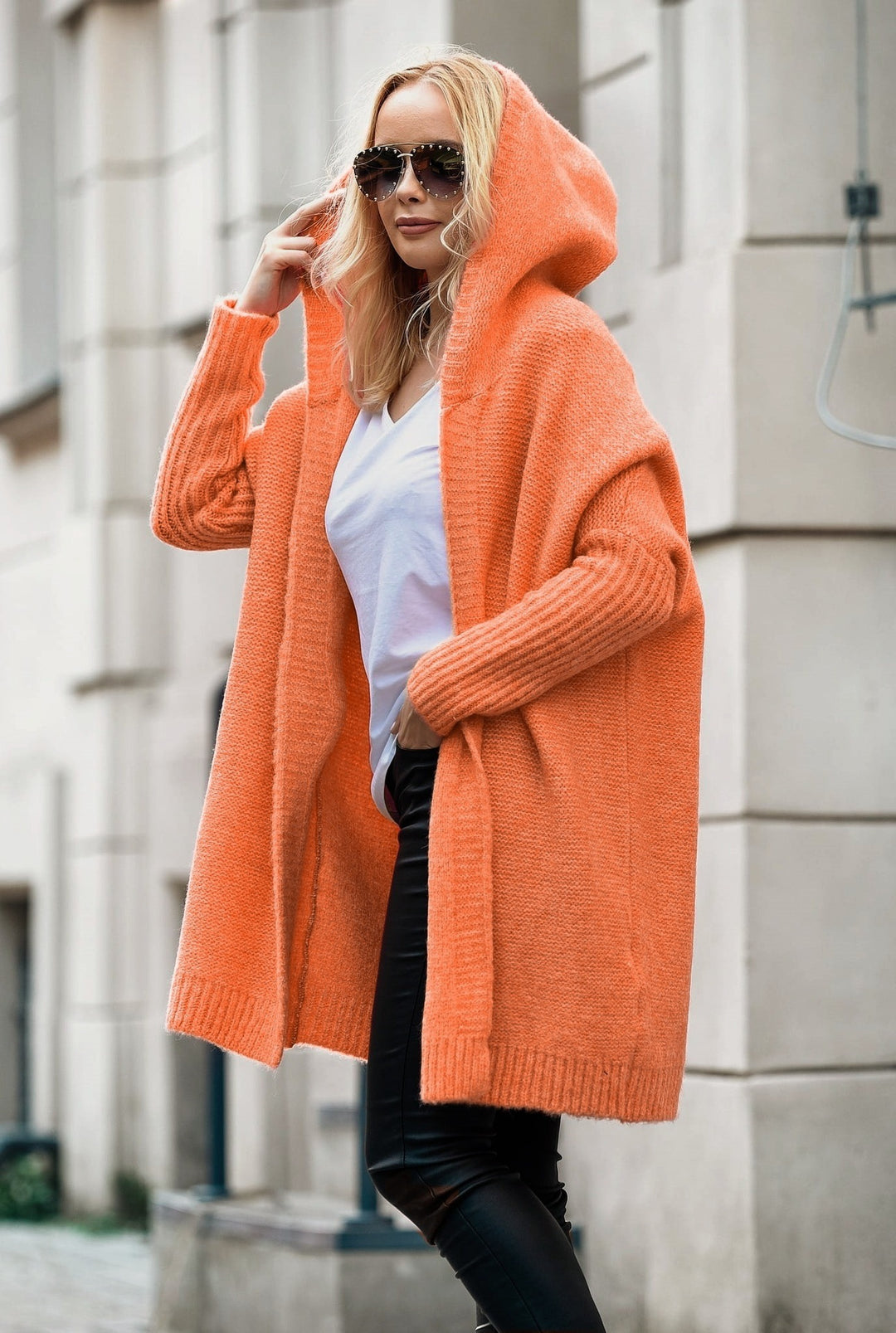 Damen lässiger Strickcardigan mit Kapuze und großen Taschen Drune