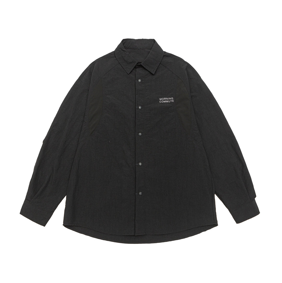 Unisex Leichtes Overshirt im Coach-Stil mit Hemdkragen und Brustprint Drune