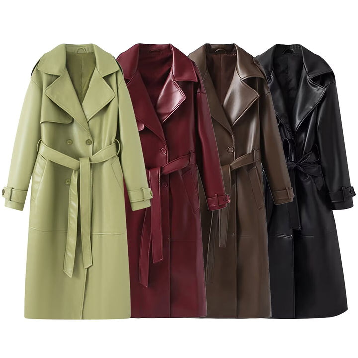 Damen 40+ langer Trenchcoat aus Kunstleder mit Taillengürtel und doppelreihiger Knopfleiste Drune