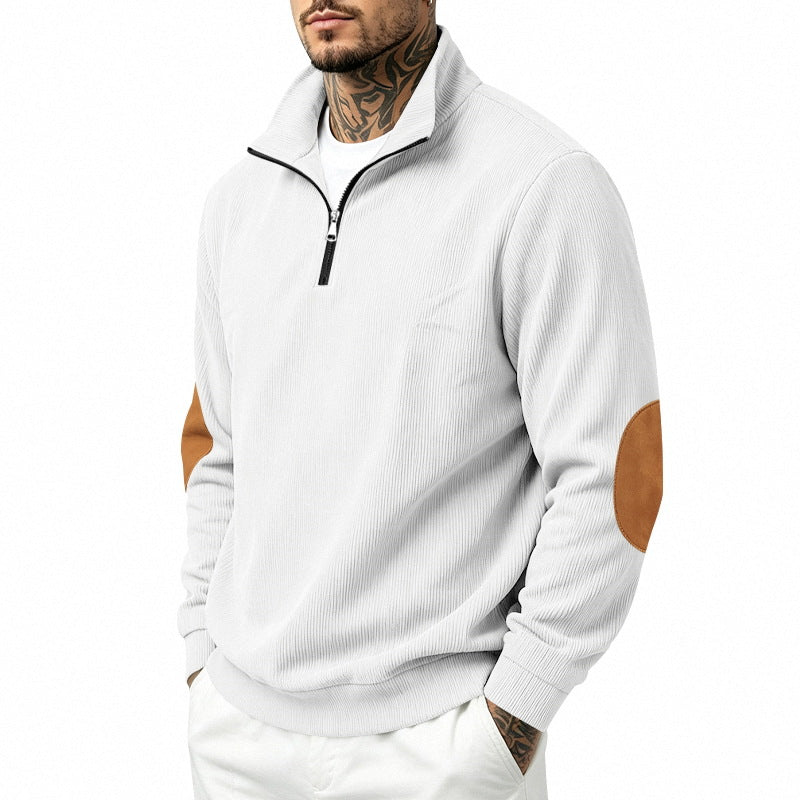Herren Leichter Struktur-Halbzip-Pullover mit Cord‑Ellbogenpatches und Stehkragen Drune
