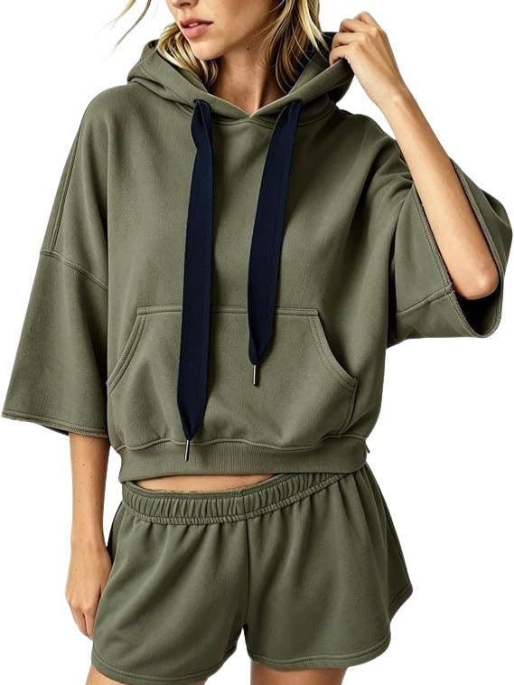 Damen Cropped Kapuzenpullover mit 3/4-Ärmeln und Kängurutasche Drune