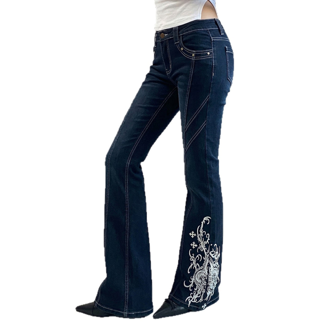 Damen Schlagjeans mit hoher Taille, dekorativer Seitenstickerei und ausgestelltem Bootcut Drune