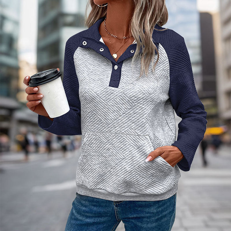 Damen Stepp-Sweatshirt mit Henley-Knopfleiste, Kängurutasche und kontrastierenden Raglanärmeln Drune