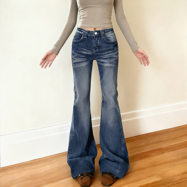 Damen Hochtaillierte Flared-Jeans mit Used-Waschung und Five-Pocket Drune
