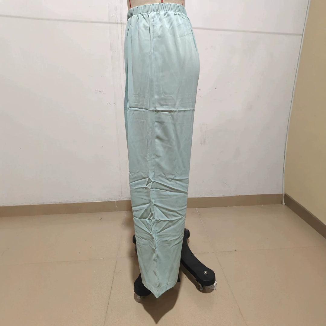 Damen Leichte Satin-Palazzohose mit hohem elastischem Bund und Kellerfalten Drune