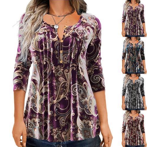 Damen Paisley Tunika mit 3/4 Ärmeln, Falten und Knopfblende Drune
