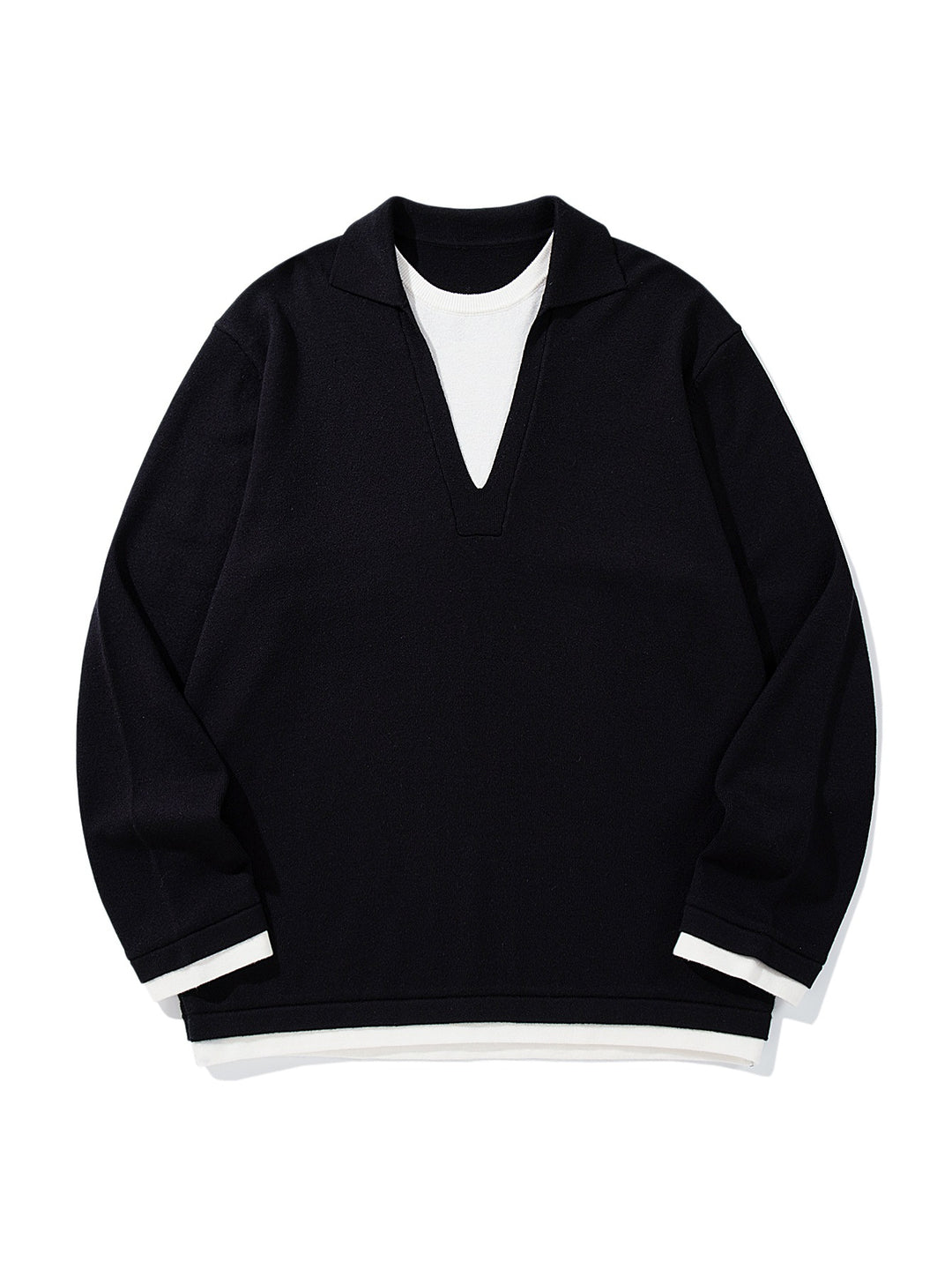 Unisex Lässiger Oversize Strickpullover mit tiefem V Einsatz und Hemd‑Layer Optik Drune