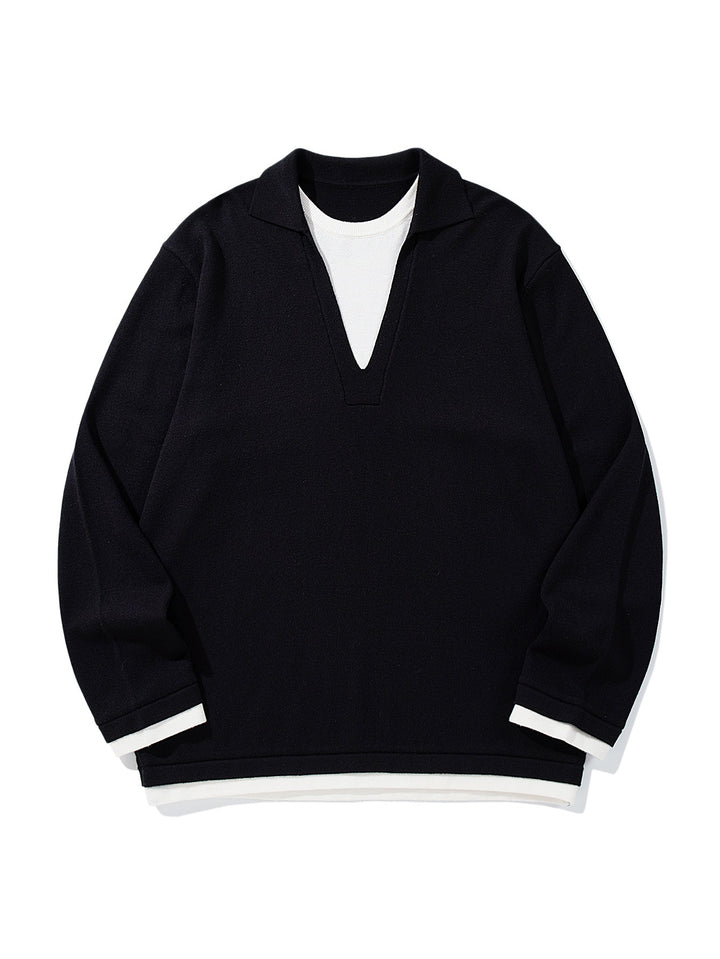 Unisex Lässiger Oversize Strickpullover mit tiefem V Einsatz und Hemd‑Layer Optik Drune