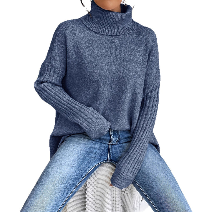 Damen nan Oversize Strickpullover mit hohem Rollkragen, gerippten Ärmeln und asymmetrischem Saum Drune