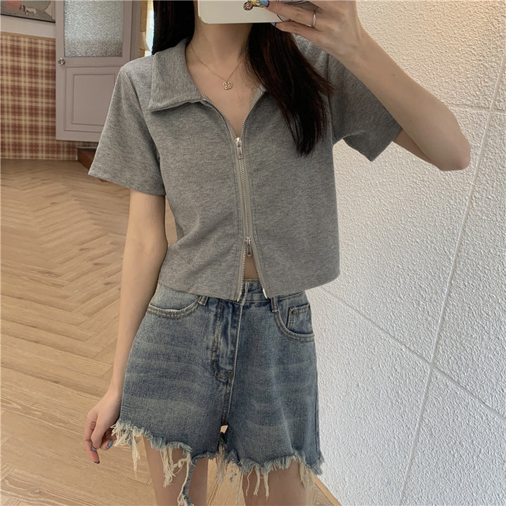 Damen Cropped Poloshirt mit Reißverschluss und strukturierter Textur Drune