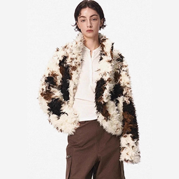 Damen Kurze Shaggy-Faux-Fur-Bomberjacke mit strukturierter Patchwork-Optik Drune
