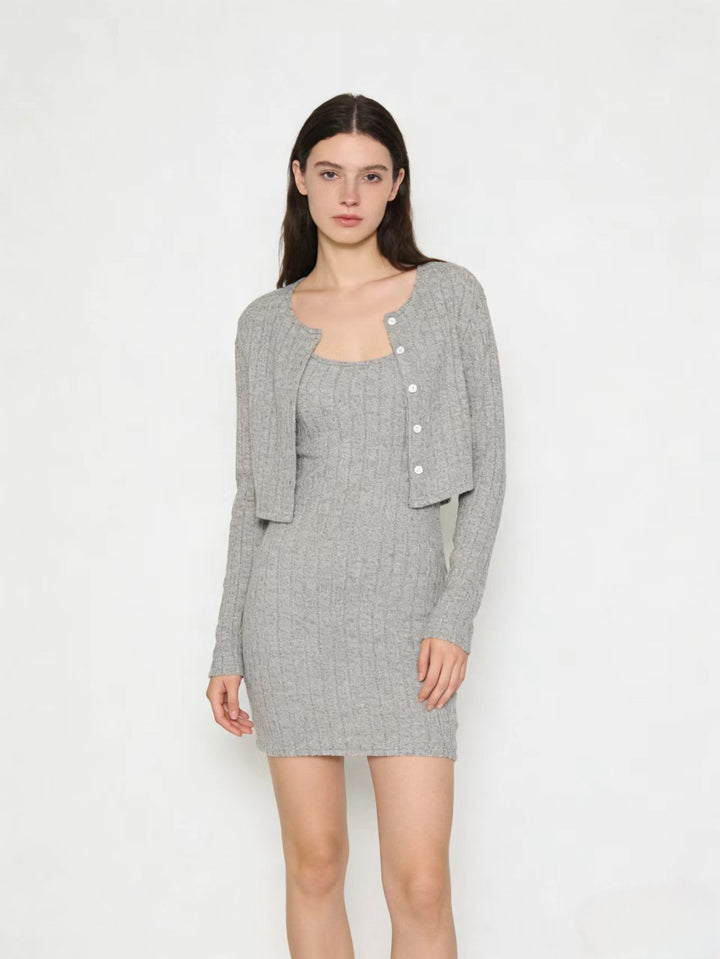 Damen Geripptes Strick-Kleid mit passendem Kurzcardigan Drune