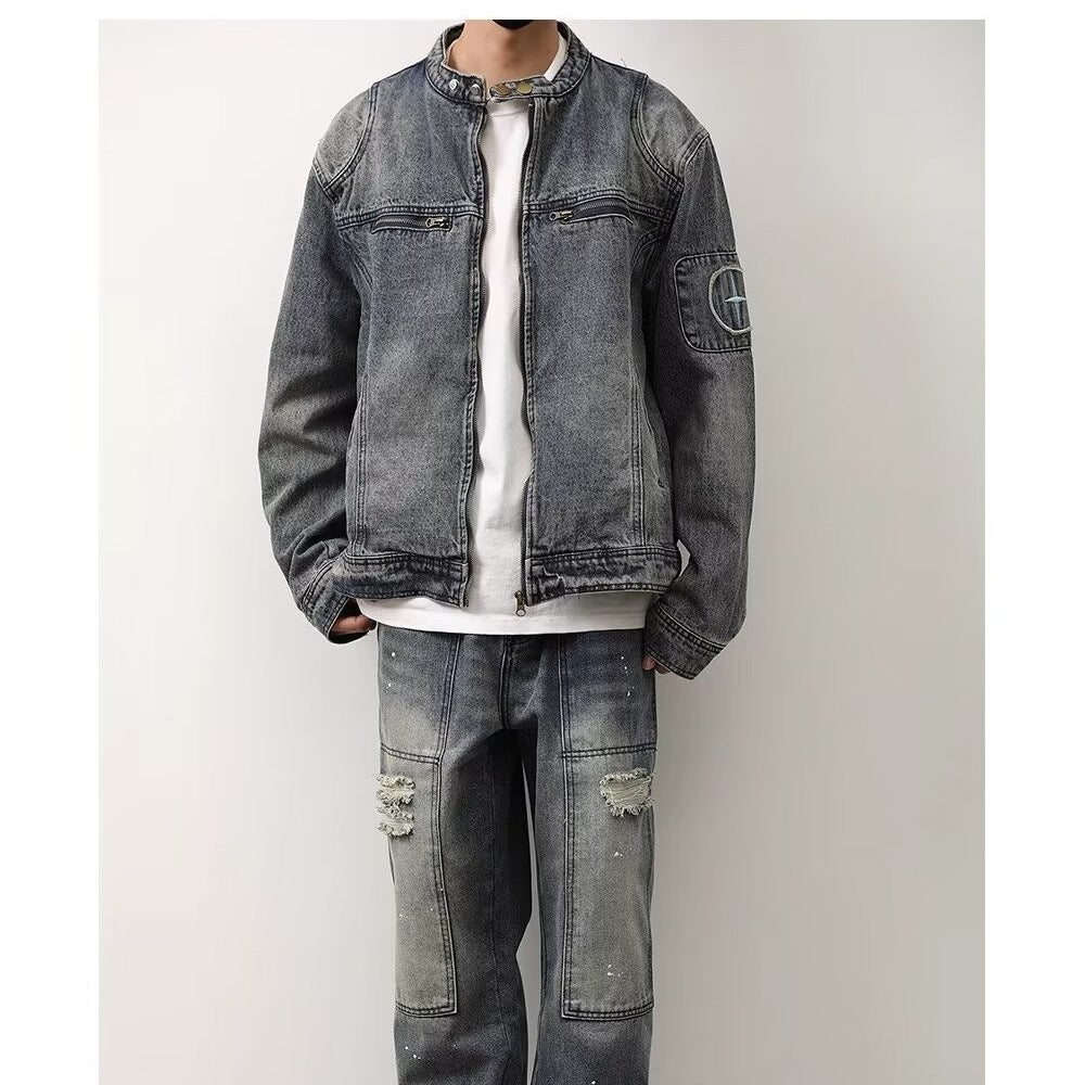 Herren Jeansjacke im Vintage‑Wash mit Stehkragen und Reißverschluss Drune