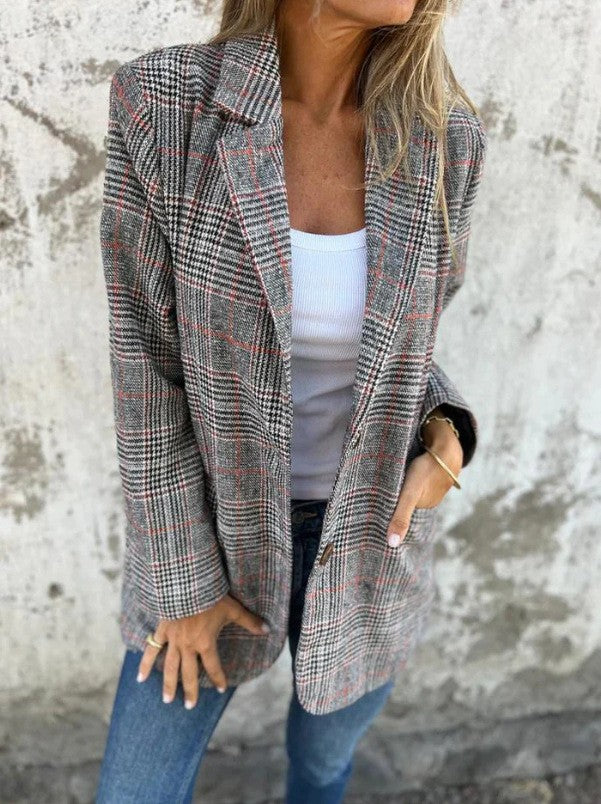 Damen nan oversized Karoblazer mit Reverskragen und aufgesetzten Taschen Drune