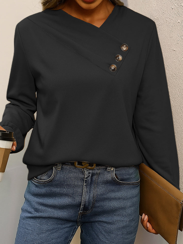 Damen Asymmetrische V-Ausschnitt Bluse mit Zierknopfleiste und Langarm Drune