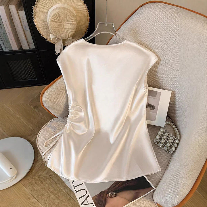 Damen Satinbluse mit seitlichem Kordelzug und V-Ausschnitt Drune