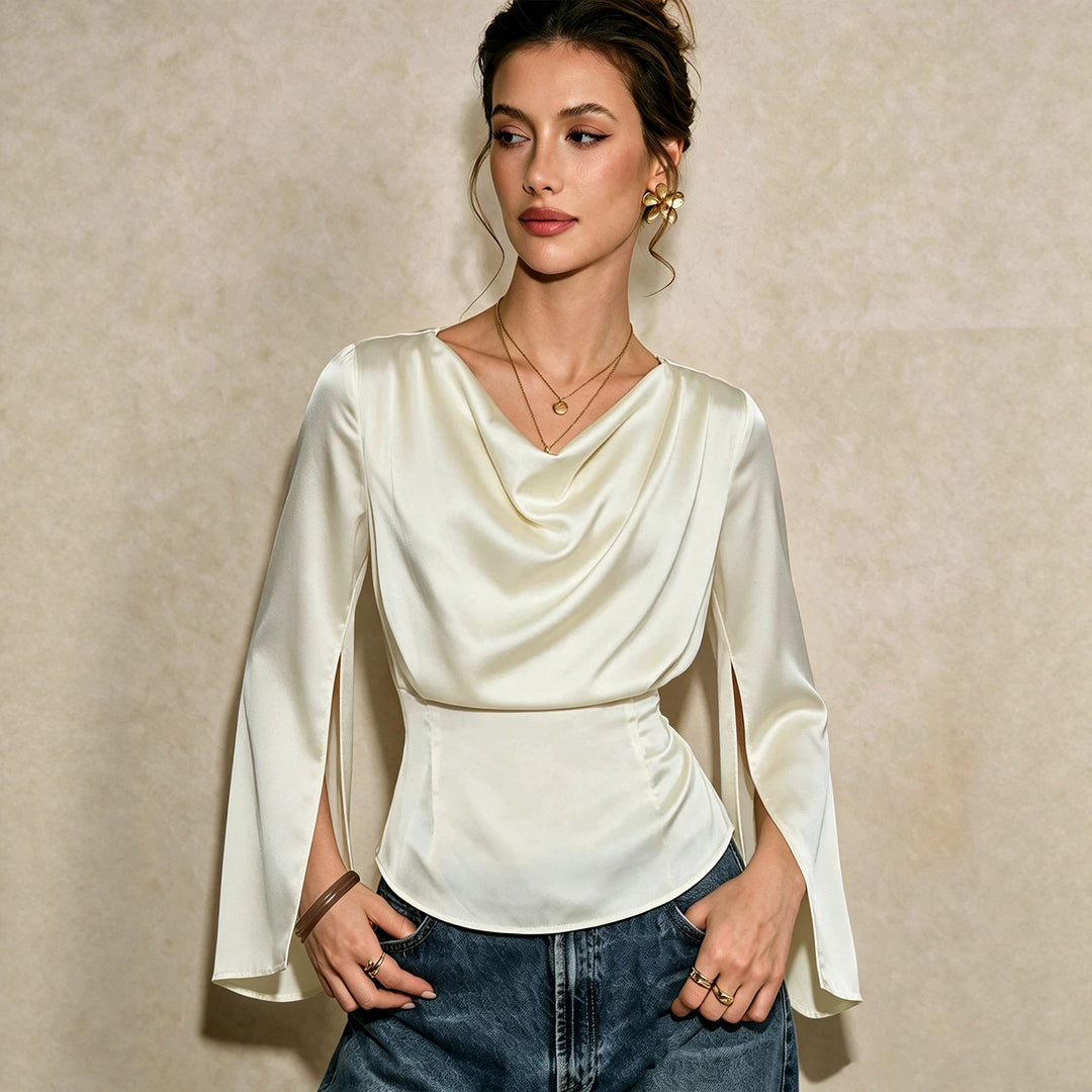 Damen elegante Satinbluse mit Wasserfallausschnitt, taillierter Silhouette und langen Ärmelschlitzen Drune
