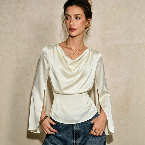 Damen elegante Satinbluse mit Wasserfallausschnitt, taillierter Silhouette und langen Ärmelschlitzen Drune