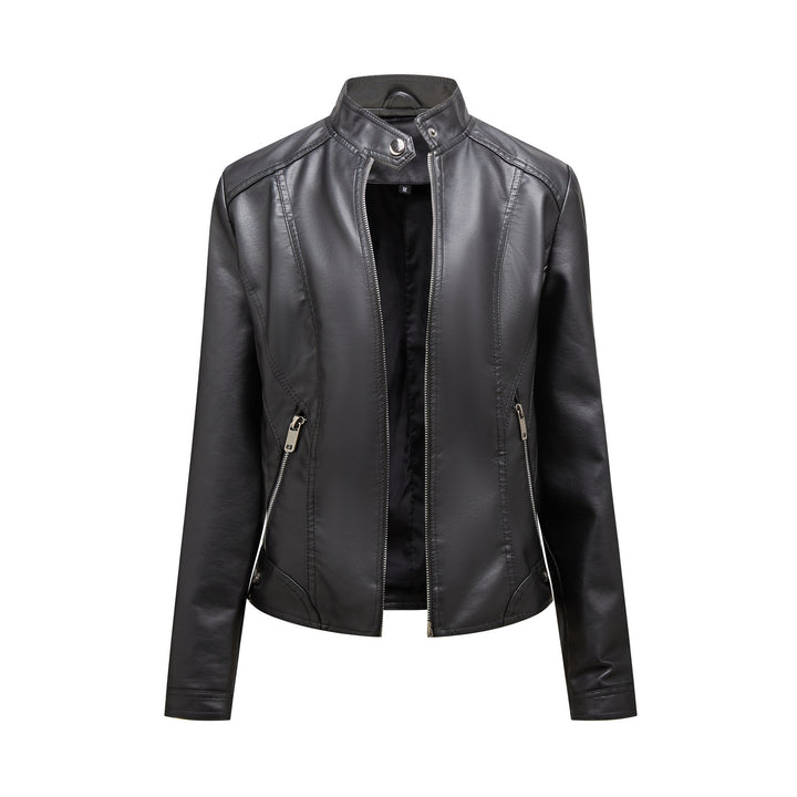 Damen modische Kunstlederjacke mit elegantem Stehkragen und praktischen Reißverschlusstaschen Drune