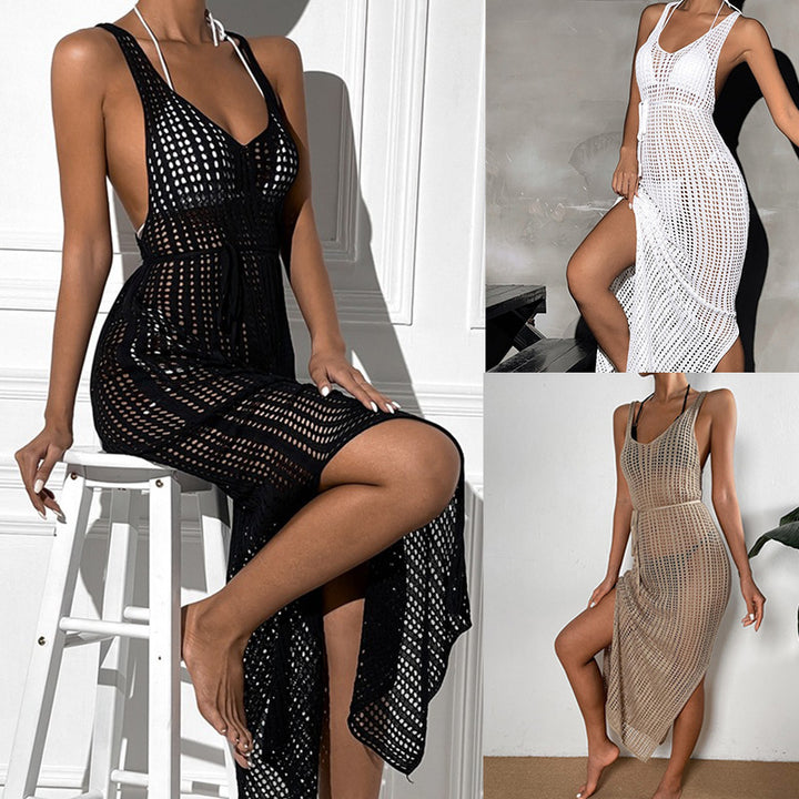 Damen Häkel-Maxikleid mit tiefem Schlitz und eleganten Details Drune