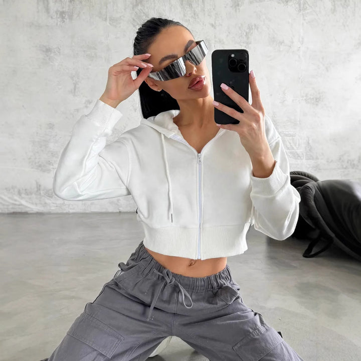Damen Cropped Kapuzenjacke mit kurzem Reißverschluss und breitem Rippbund Drune