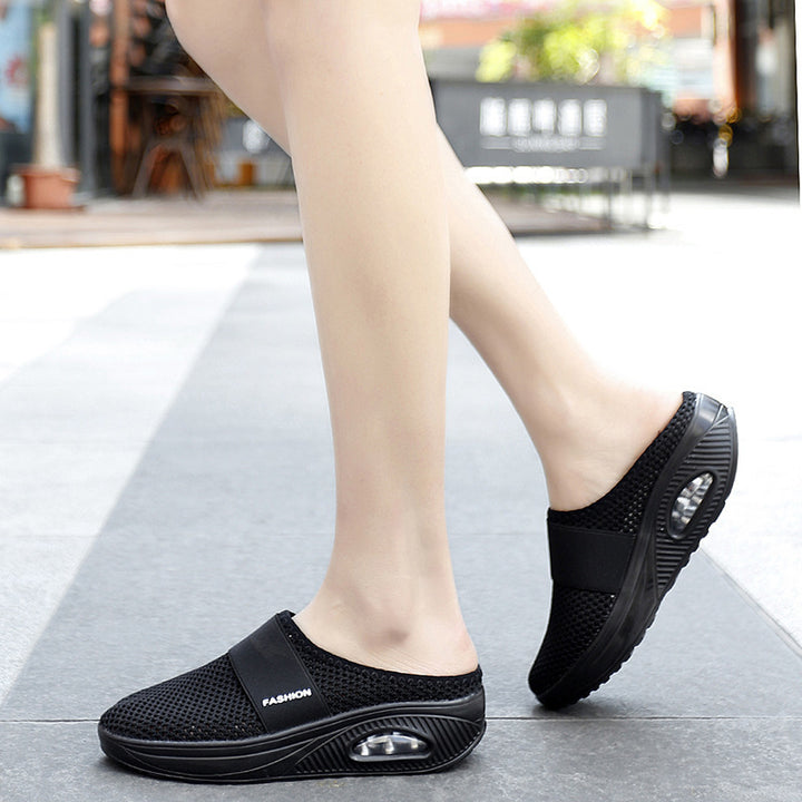 Damen Halbschuh-Slipper mit atmungsaktivem Strickobermaterial, elastischem Mittelfußriemen und Dämpfungssohle Drune
