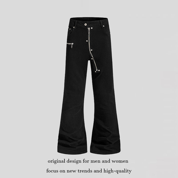 Damen Schlaghose mit hoher Taille, asymmetrischem Frontreißverschluss und Utility‑Details Drune