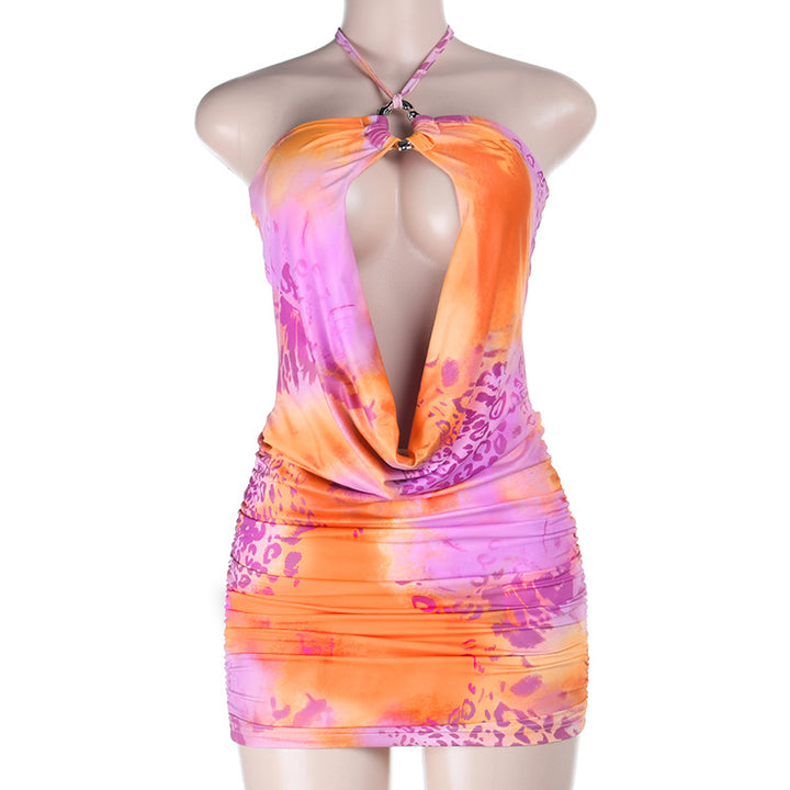 Damen sexy Minikleid mit tiefem V-Ausschnitt und asymmetrischem Saum Drune