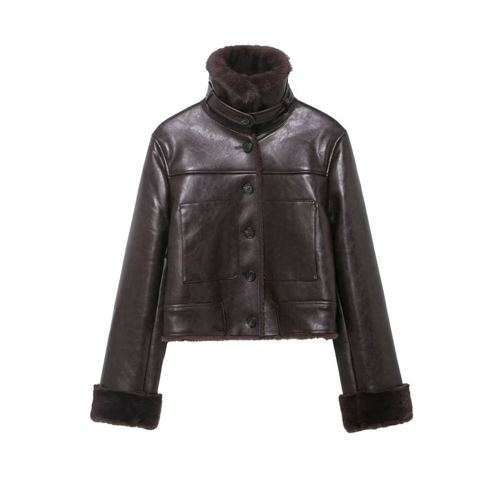 Damen Kurze Lammfelljacke im Vintage-Look mit hohem Stehkragen und aufgesetzten Taschen Drune