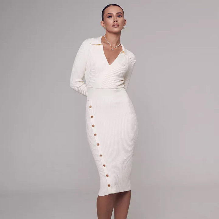 Damen Strickkleid mit elegantem V-Ausschnitt und Knopfdetails Drune