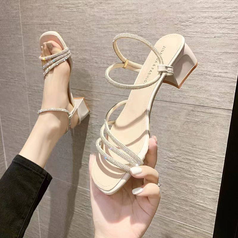 Damen Elegante Strass‑Riemchen Sandaletten mit quadratischer Zehenbox und stabilem Blockabsatz Drune