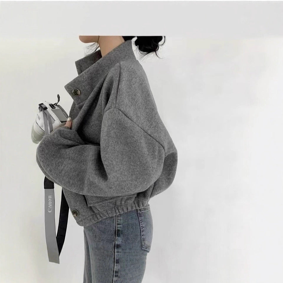 Damen Kurze Oversize-Wolloptik-Jacke mit Stehkragen und Ballonärmeln Drune