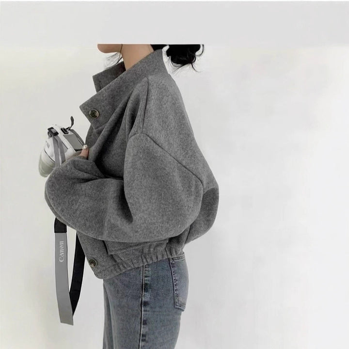Damen Kurze Oversize-Wolloptik-Jacke mit Stehkragen und Ballonärmeln Drune