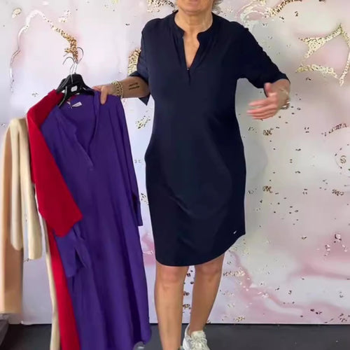 Damen nan legeres knielanges Shiftkleid aus elastischem Jersey mit Stehkragen und V-Ausschnitt Drune