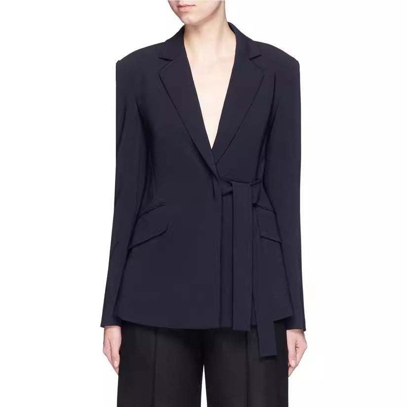 Damen Schalkragen-Wickelblazer mit seitlicher Knotenbindung und Pattentaschen Drune