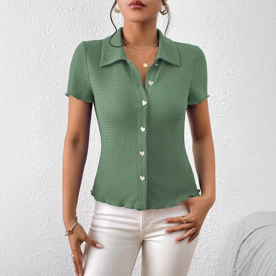 Damen Kurzarmbluse mit strukturiertem Design und herzförmigen Knöpfen Drune