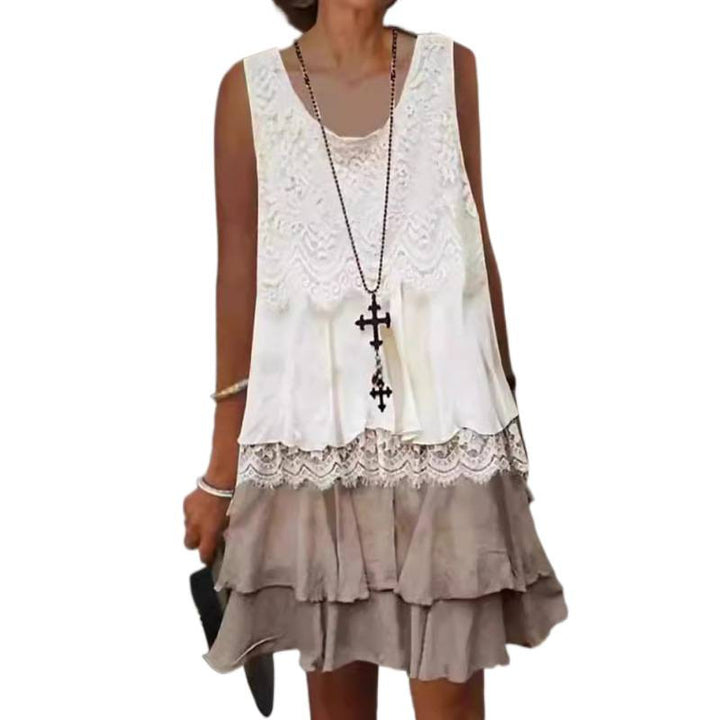 Damen lässiges Strandkleid mit Spitzenverzierung und voluminösem Rüschensaum Drune