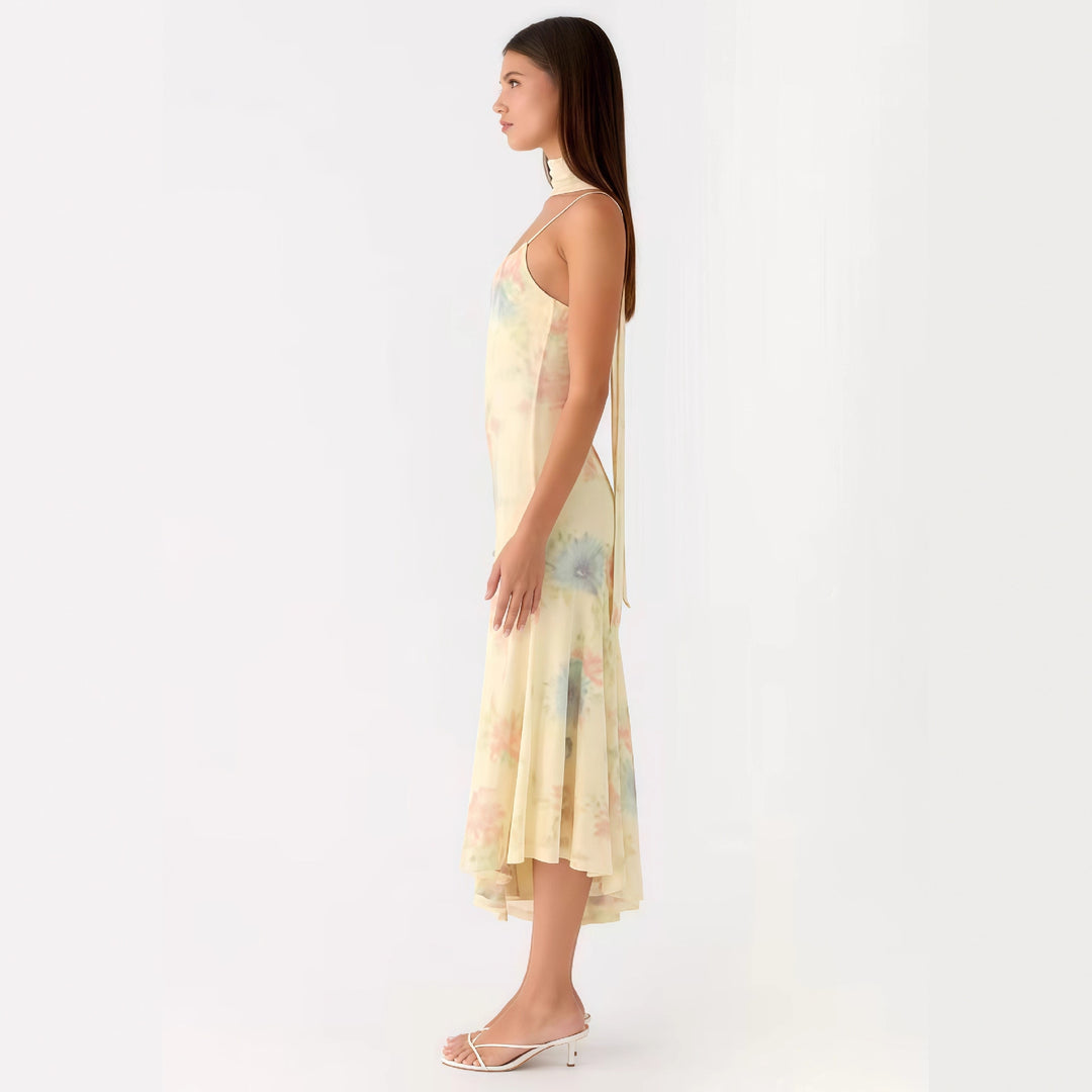 Damen Elegantes Maxikleid mit blumigem Chiffon-Design und Neckholder-Ausschnitt Drune