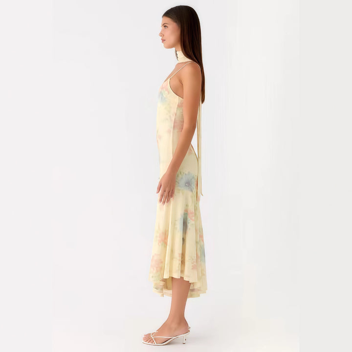 Damen Elegantes Maxikleid mit blumigem Chiffon-Design und Neckholder-Ausschnitt Drune
