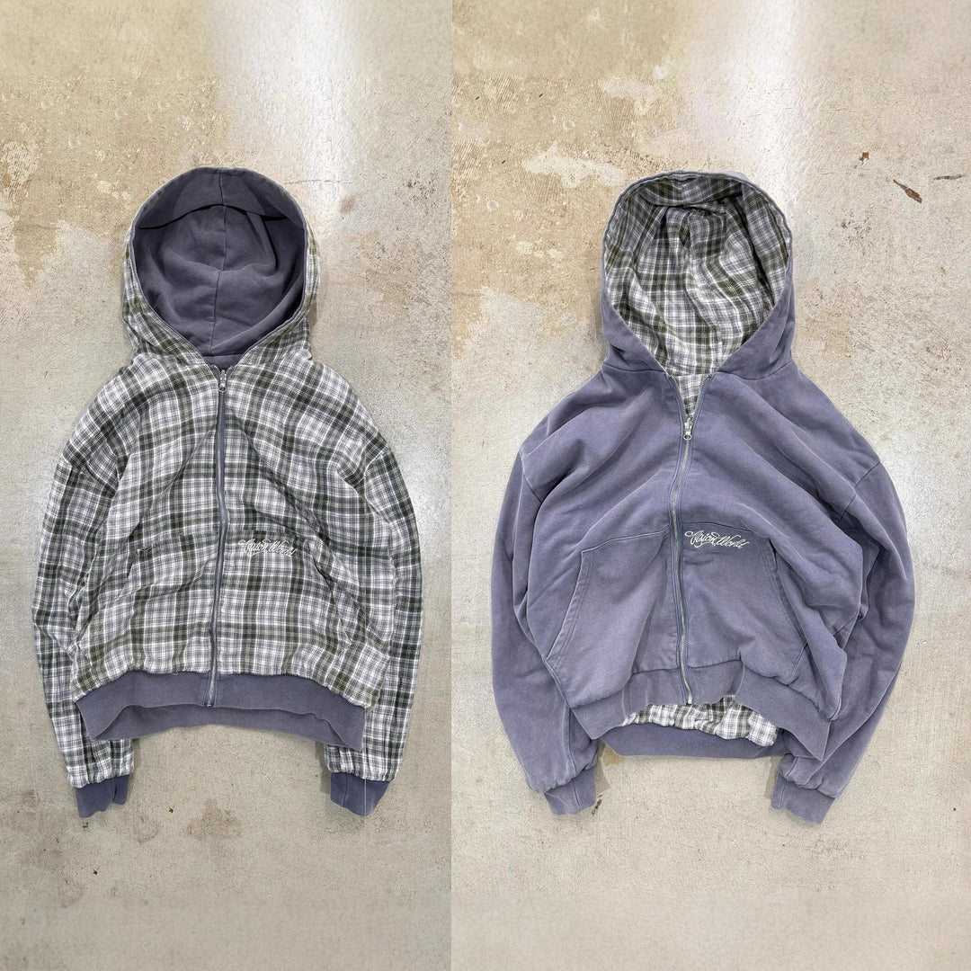Unisex nan wendbare Kapuzenjacke mit kariertem Innenfutter, durchgehendem Reißverschluss und Kängurutasche Drune